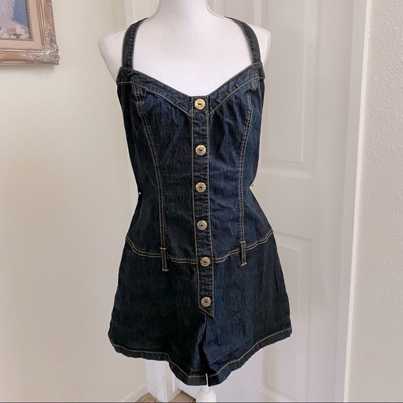 Bisou Bisou Dark Wash Denim Romper Halter Neck Sz 14 Junior - Picture 1 of 9